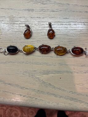 Sterling Amber Multi-Stone Bracelet with Matching Earrings - Amber Tones